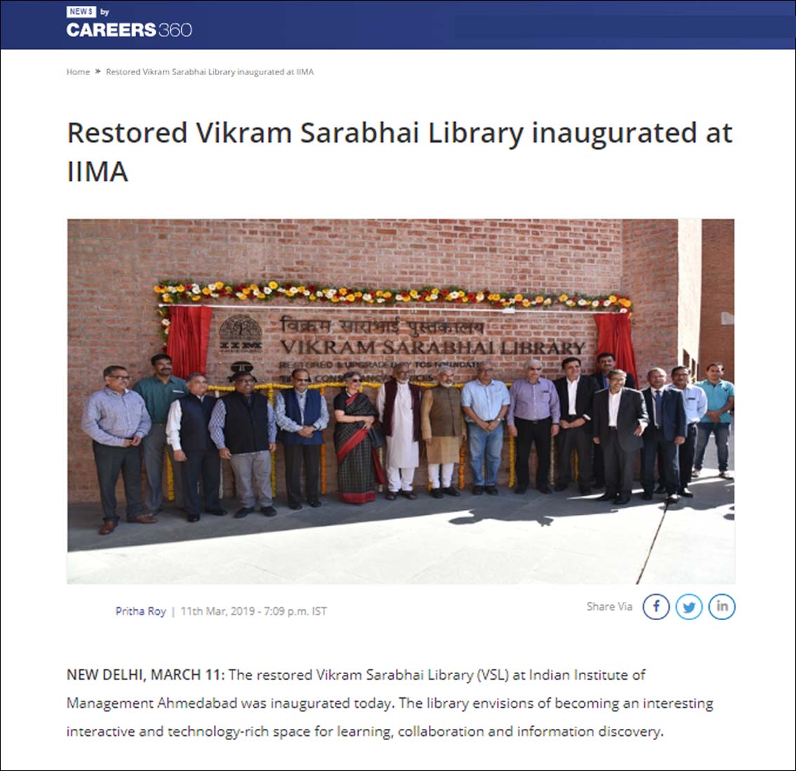 Restored Vikram Sarabhai Library at Indian Institute of Management Ahmedabad,News Careers 360 - March 2019